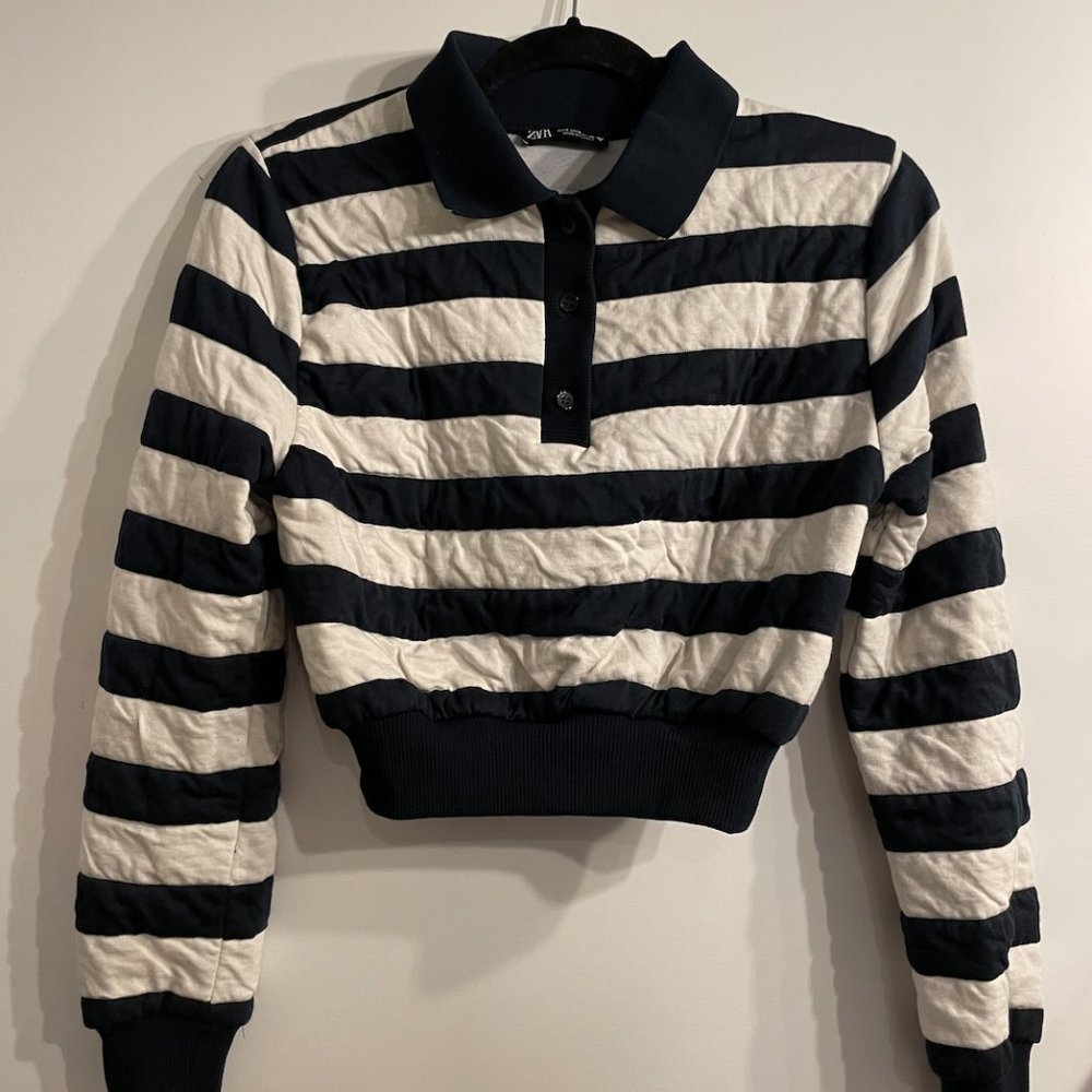 Blue/White striped crop collared shirt